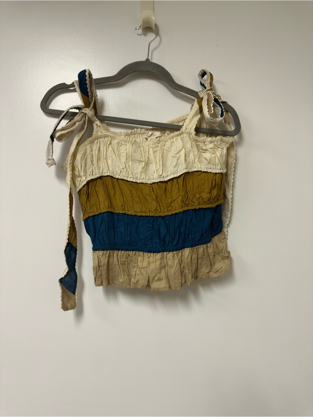 Anthropologie Colorblocked Tie-Shoulder Cropped Tank in Cream, Mustard & Teal